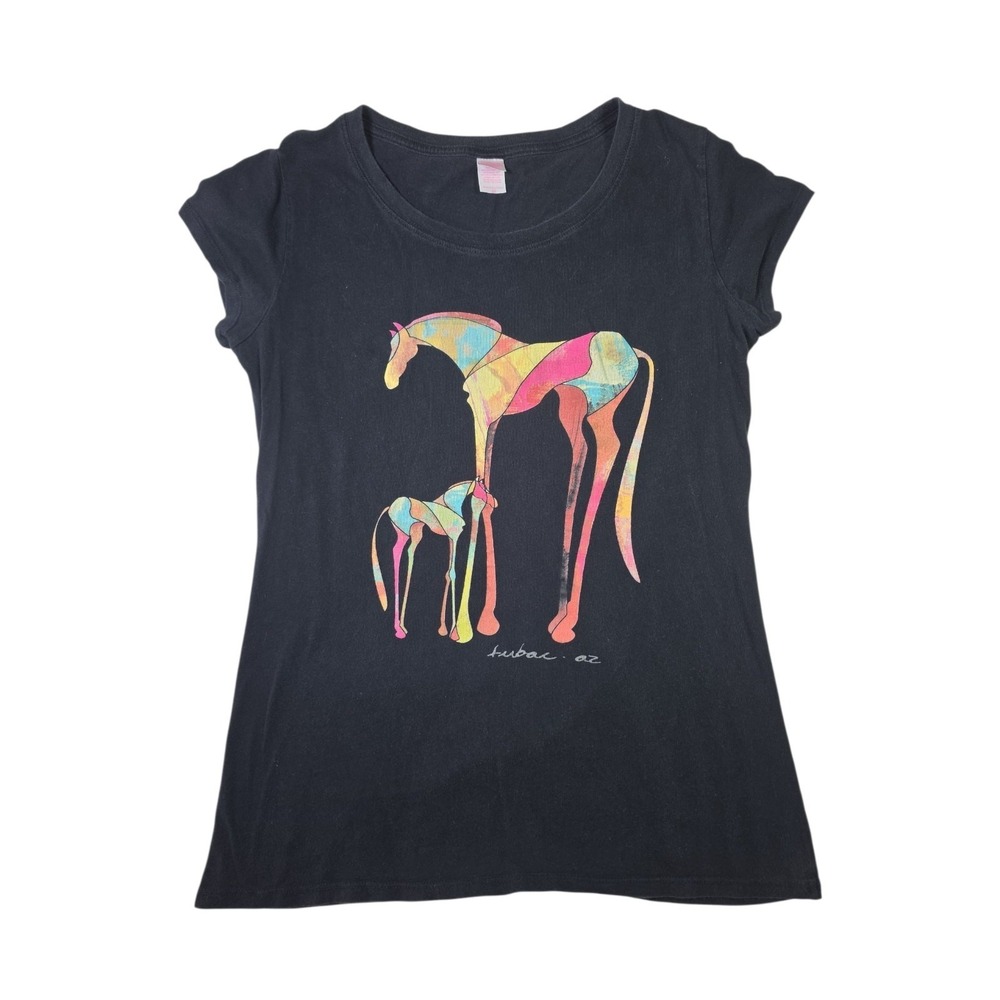 Duck Co Tubac AZ Colorful Horse Mare Foal Graphic T Shirt Women's XL Black